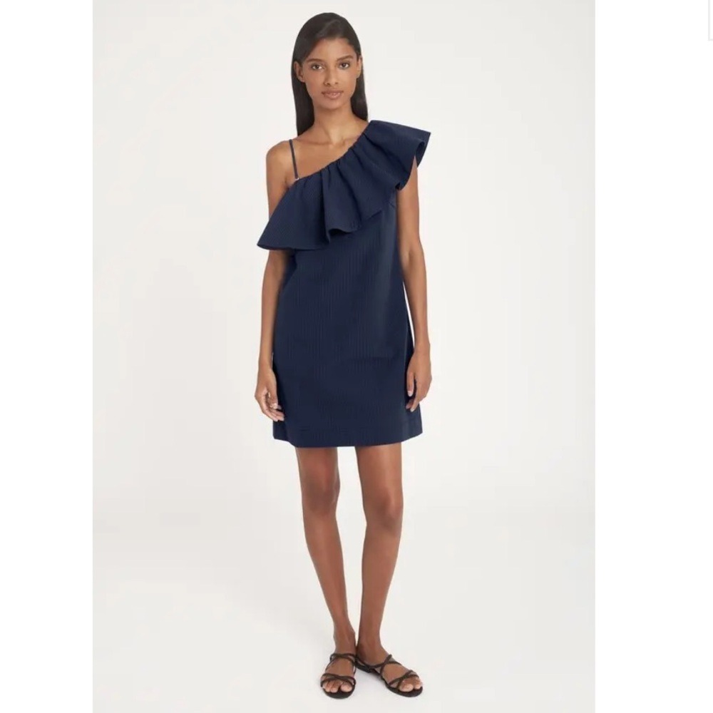Cuyana Seersucker One-Shoulder Dress in Navy Size Large